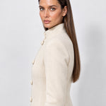 Cream Tailored Coat High Neck Button Front Womens Coat with Stand Collar and Pockets