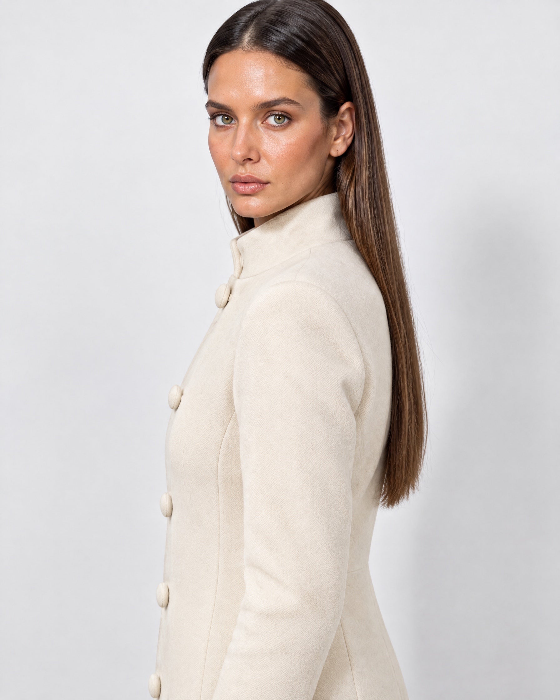 Cream Tailored Coat High Neck Button Front Womens Coat with Stand Collar and Pockets
