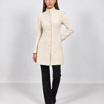 Cream Tailored Coat High Neck Button Front Womens Coat with Stand Collar and Pockets