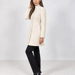 Cream Tailored Coat High Neck Button Front Womens Coat with Stand Collar and Pockets