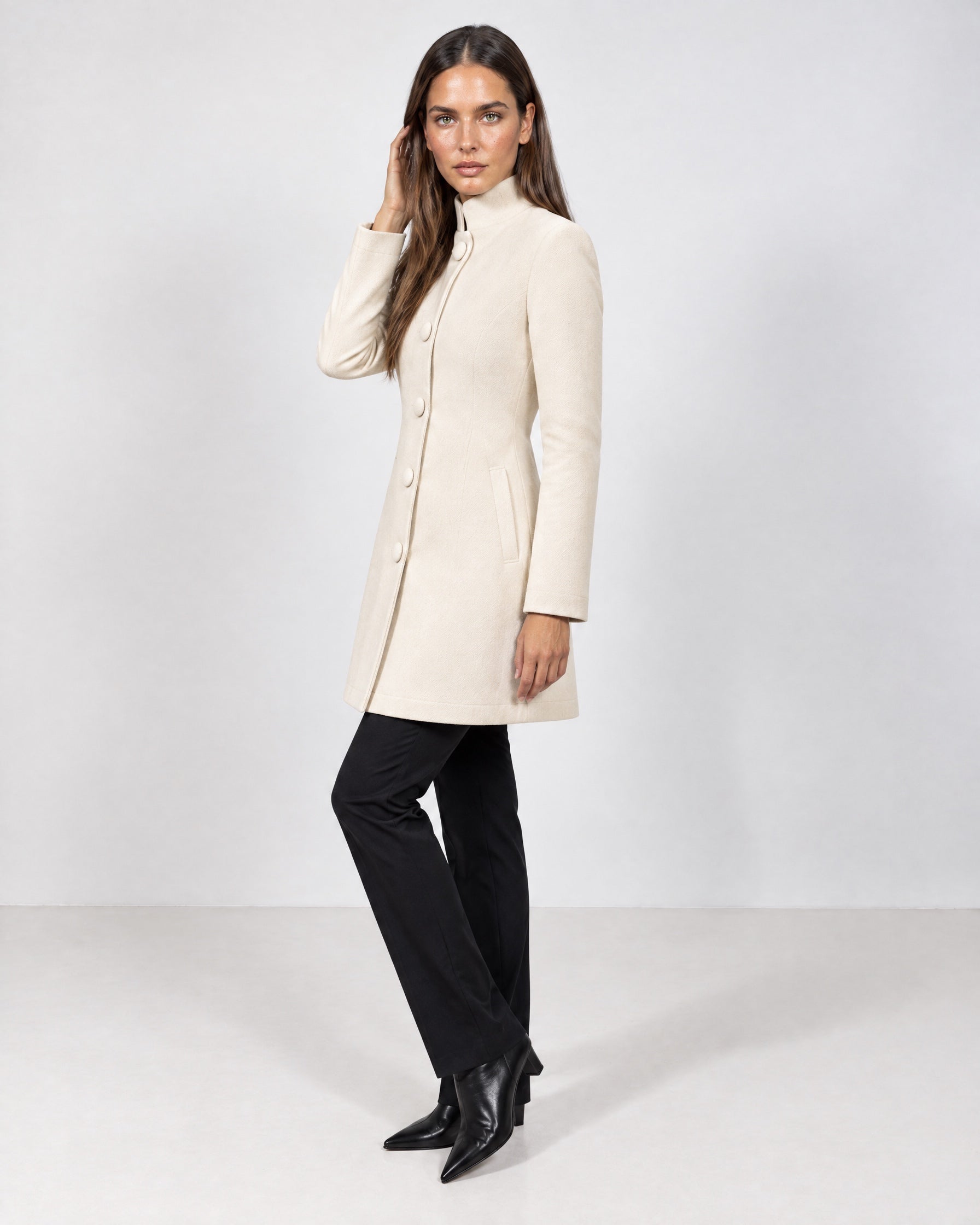 Cream Tailored Coat High Neck Button Front Womens Coat with Stand Collar and Pockets