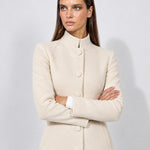 Cream Tailored Coat High Neck Button Front Womens Coat with Stand Collar and Pockets