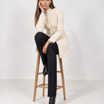 Cream Tailored Coat High Neck Button Front Womens Coat with Stand Collar and Pockets