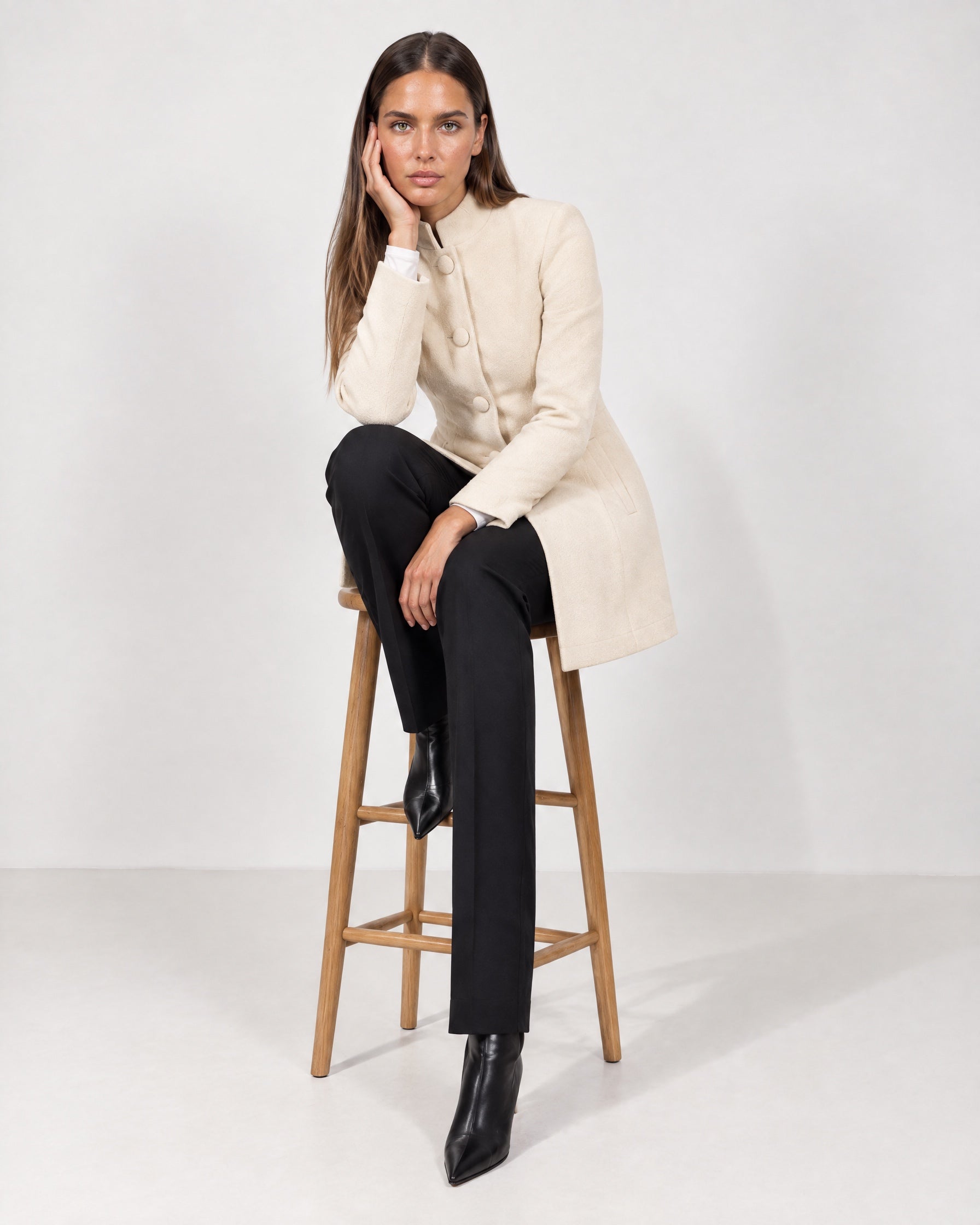 Cream Tailored Coat High Neck Button Front Womens Coat with Stand Collar and Pockets