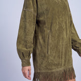 Fringe Dress Long Sleeve Mini Dress with High Neck and Tassel Hem Oversized Fit - Army Green