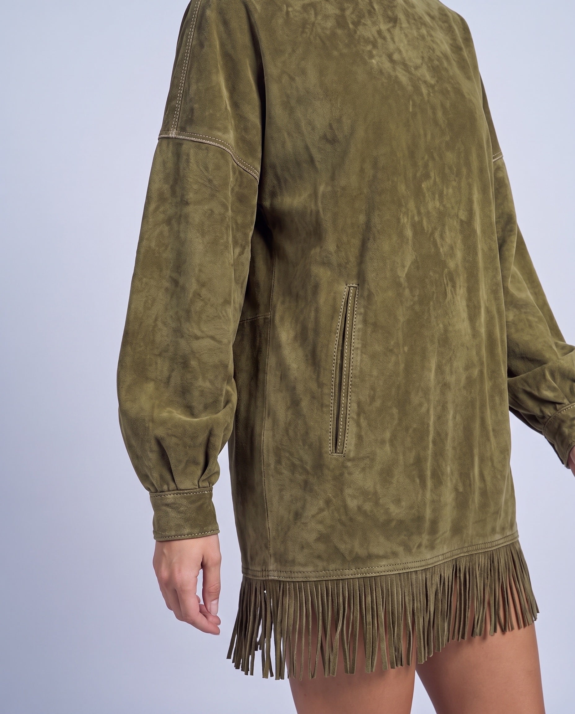 Fringe Dress Long Sleeve Mini Dress with High Neck and Tassel Hem Oversized Fit - Army Green
