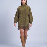 Fringe Dress Long Sleeve Mini Dress with High Neck and Tassel Hem Oversized Fit - Army Green
