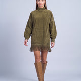 Fringe Dress Long Sleeve Mini Dress with High Neck and Tassel Hem Oversized Fit - Army Green