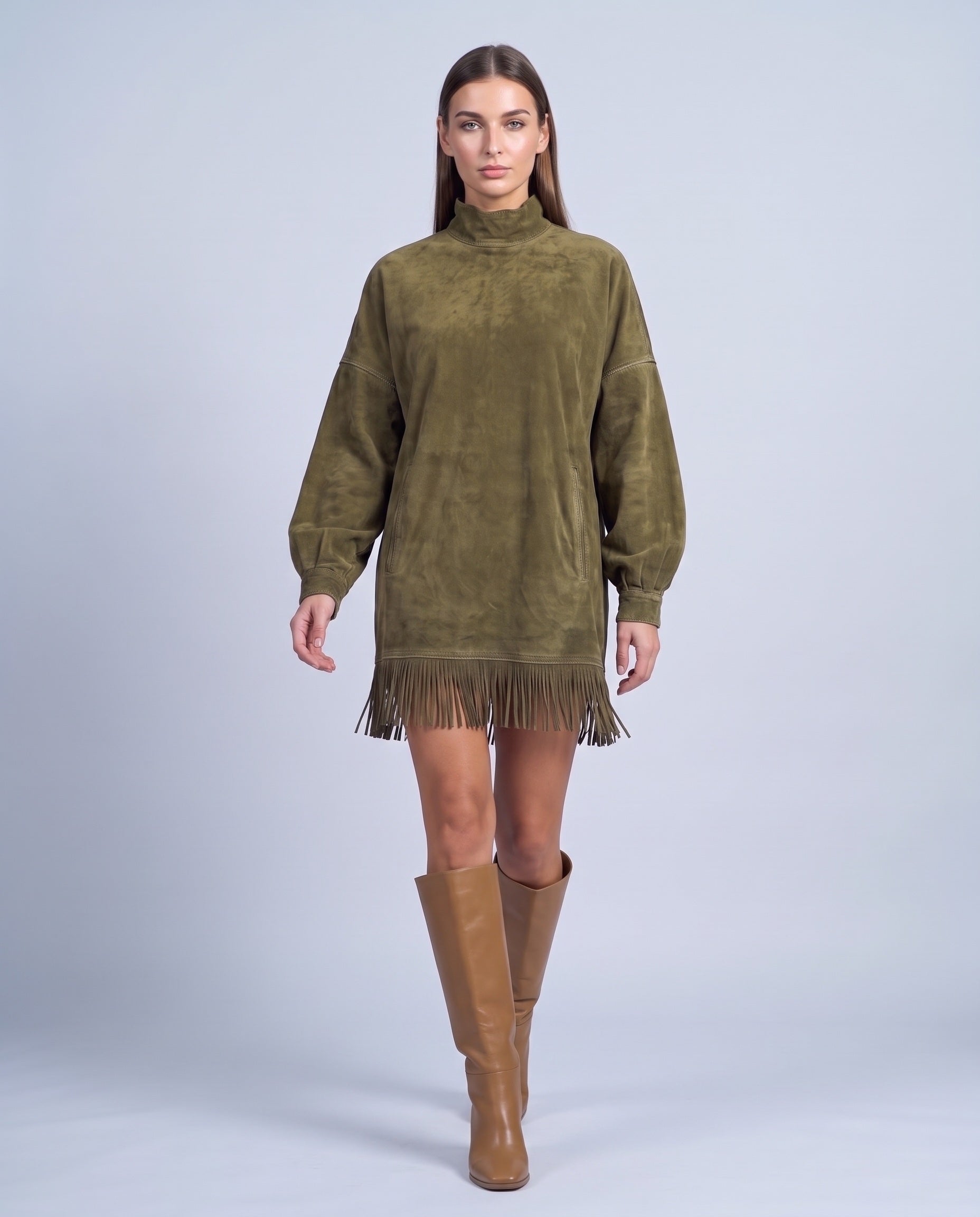 Fringe Dress Long Sleeve Mini Dress with High Neck and Tassel Hem Oversized Fit - Army Green