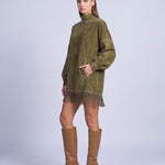 Fringe Dress Long Sleeve Mini Dress with High Neck and Tassel Hem Oversized Fit - Army Green