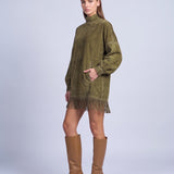 Fringe Dress Long Sleeve Mini Dress with High Neck and Tassel Hem Oversized Fit - Army Green