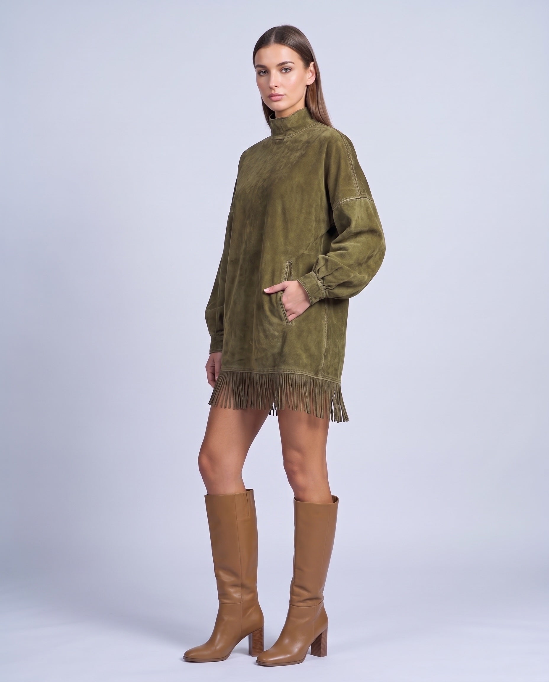 Fringe Dress Long Sleeve Mini Dress with High Neck and Tassel Hem Oversized Fit - Army Green