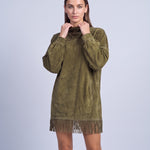 Fringe Dress Long Sleeve Mini Dress with High Neck and Tassel Hem Oversized Fit - Army Green