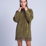Fringe Dress Long Sleeve Mini Dress with High Neck and Tassel Hem Oversized Fit - Army Green