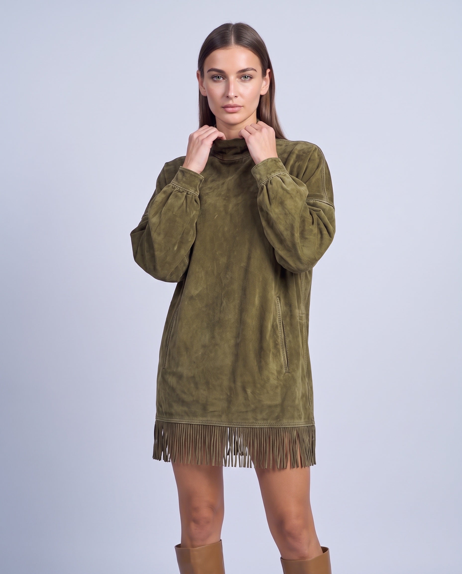 Fringe Dress Long Sleeve Mini Dress with High Neck and Tassel Hem Oversized Fit - Army Green