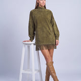 Fringe Dress Long Sleeve Mini Dress with High Neck and Tassel Hem Oversized Fit - Army Green
