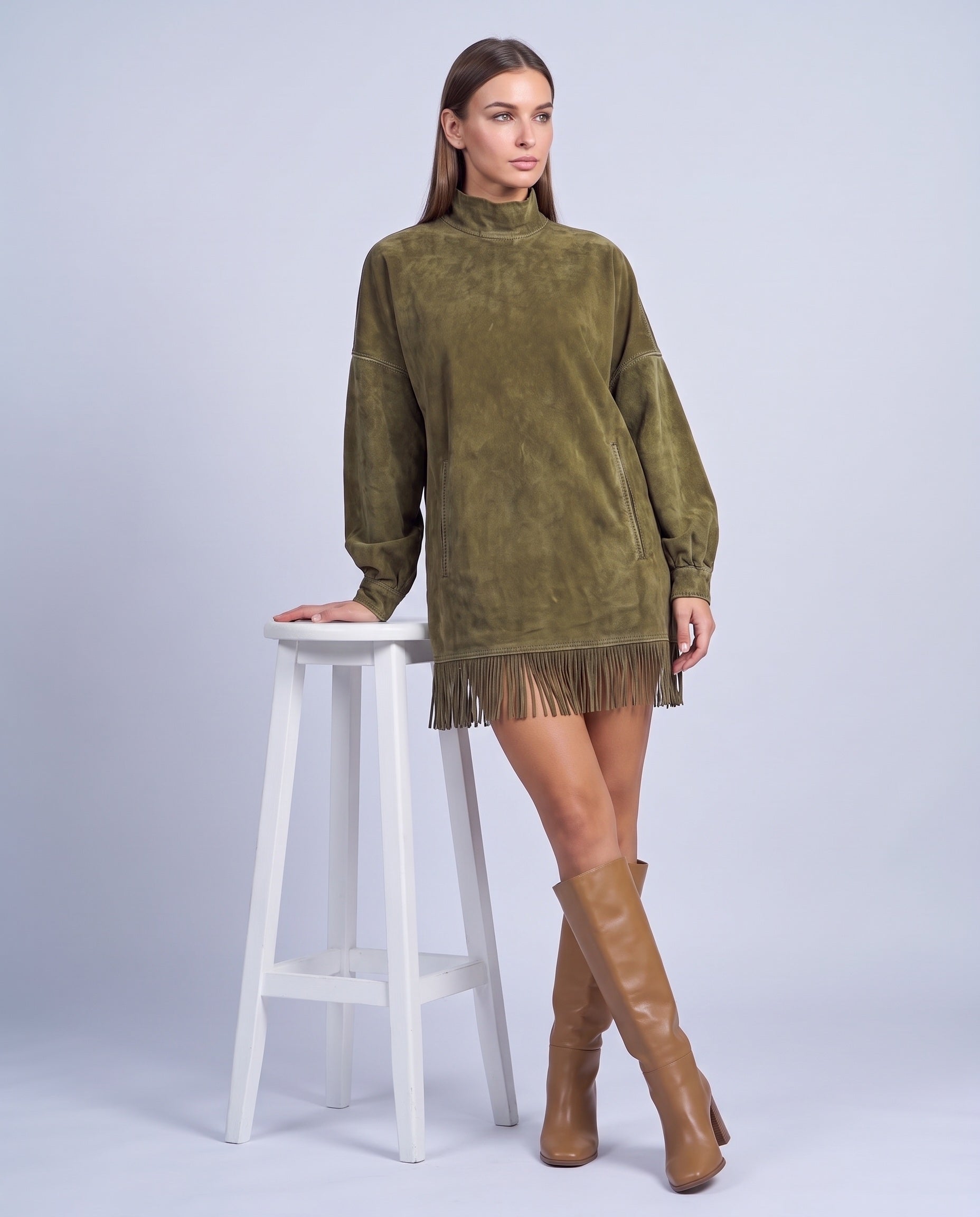 Fringe Dress Long Sleeve Mini Dress with High Neck and Tassel Hem Oversized Fit - Army Green