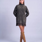 Fringe Dress Long Sleeve Mini Dress with High Neck and Tassel Hem Oversized Fit - Black