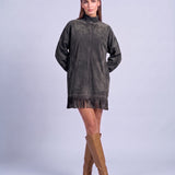 Fringe Dress Long Sleeve Mini Dress with High Neck and Tassel Hem Oversized Fit - Black