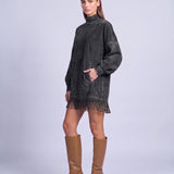 Fringe Dress Long Sleeve Mini Dress with High Neck and Tassel Hem Oversized Fit - Black
