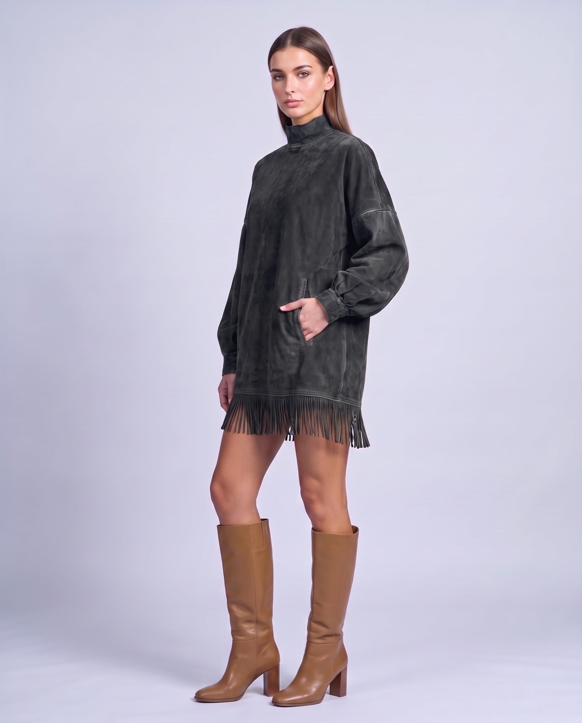 Fringe Dress Long Sleeve Mini Dress with High Neck and Tassel Hem Oversized Fit - Black