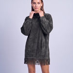 Fringe Dress Long Sleeve Mini Dress with High Neck and Tassel Hem Oversized Fit - Black