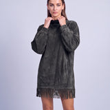 Fringe Dress Long Sleeve Mini Dress with High Neck and Tassel Hem Oversized Fit - Black