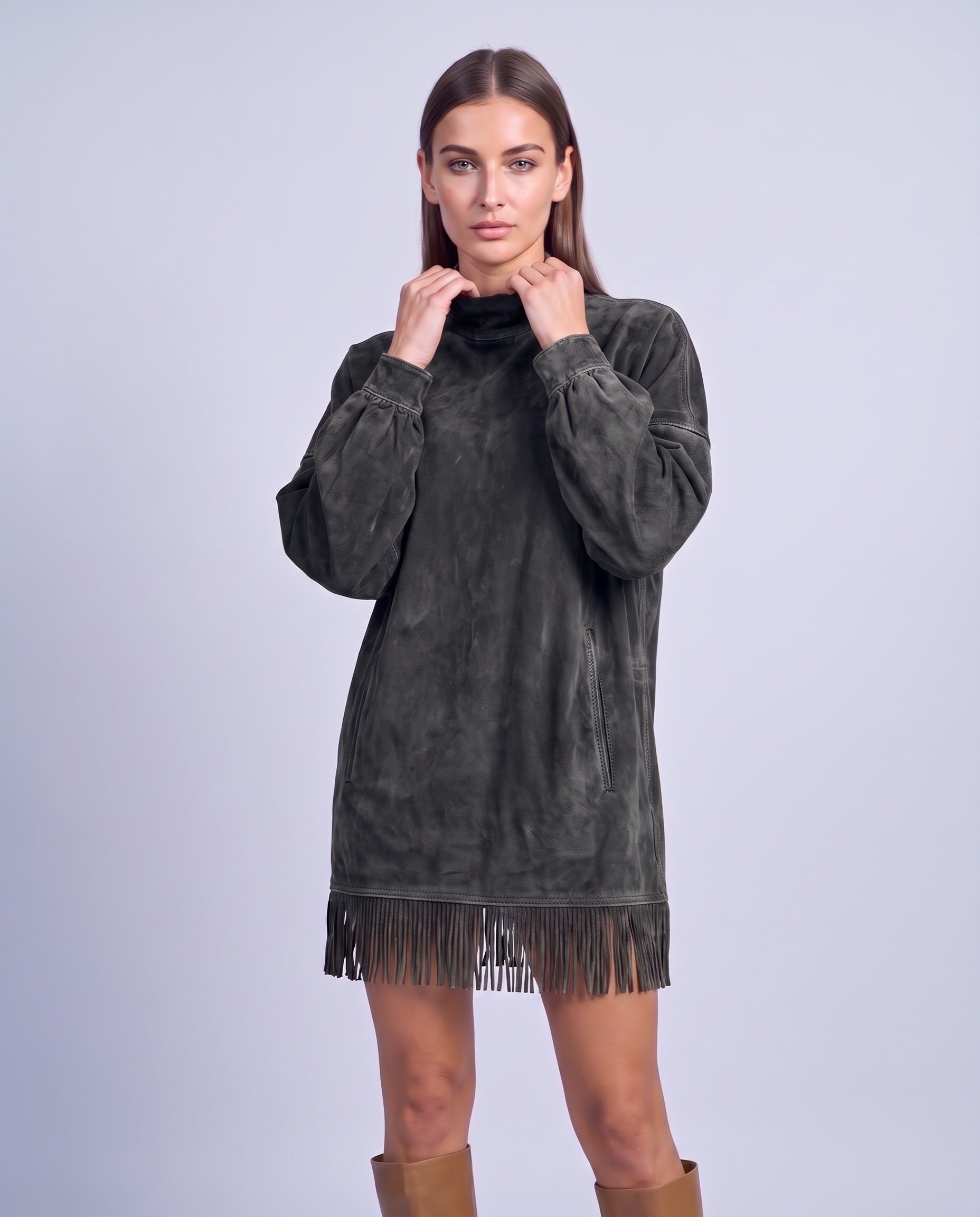 Fringe Dress Long Sleeve Mini Dress with High Neck and Tassel Hem Oversized Fit - Black