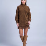 Fringe Dress Long Sleeve Mini Dress with High Neck and Tassel Hem Oversized Fit - Coffee Brown