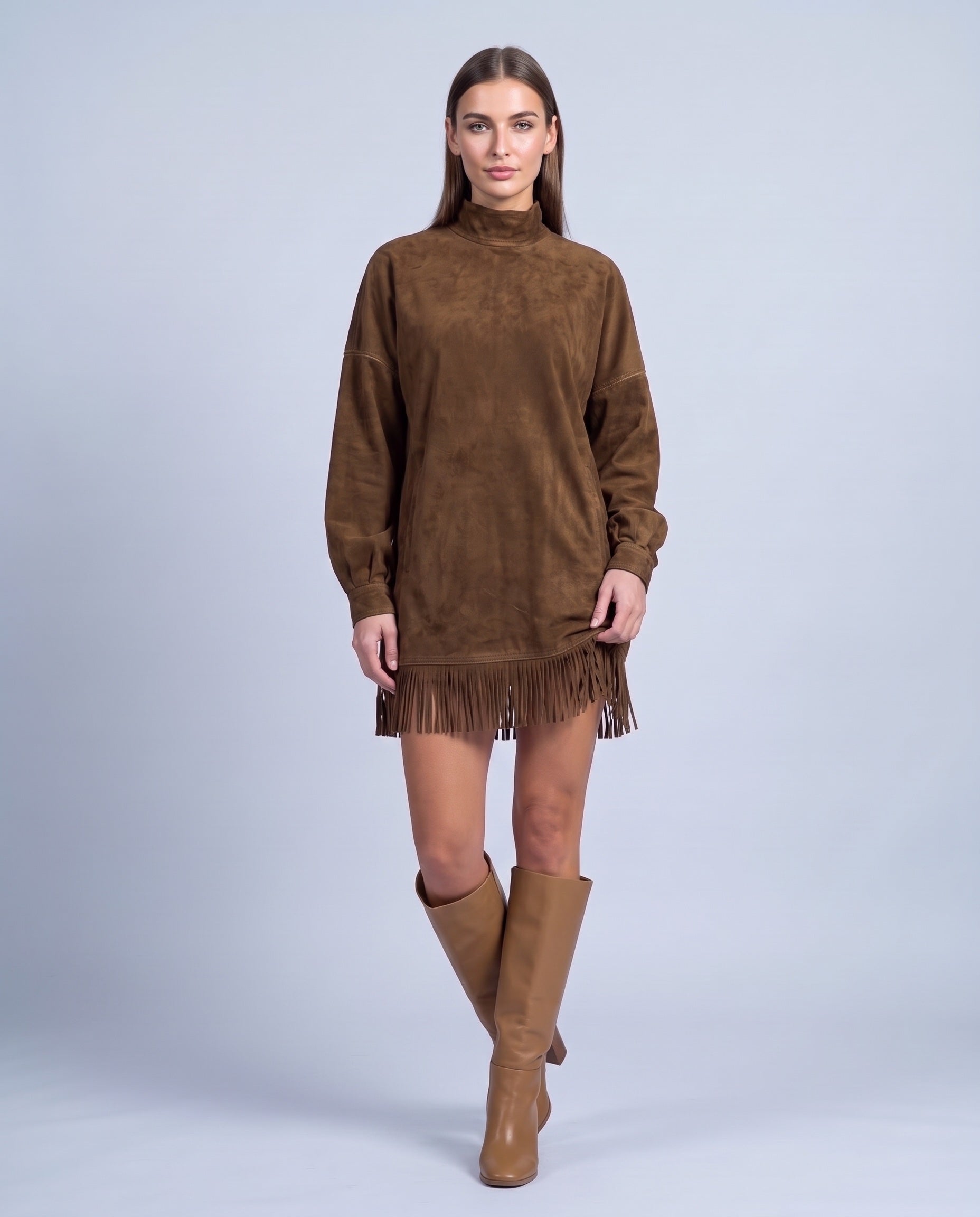 Fringe Dress Long Sleeve Mini Dress with High Neck and Tassel Hem Oversized Fit - Coffee Brown