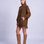 Fringe Dress Long Sleeve Mini Dress with High Neck and Tassel Hem Oversized Fit - Coffee Brown