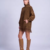 Fringe Dress Long Sleeve Mini Dress with High Neck and Tassel Hem Oversized Fit - Coffee Brown