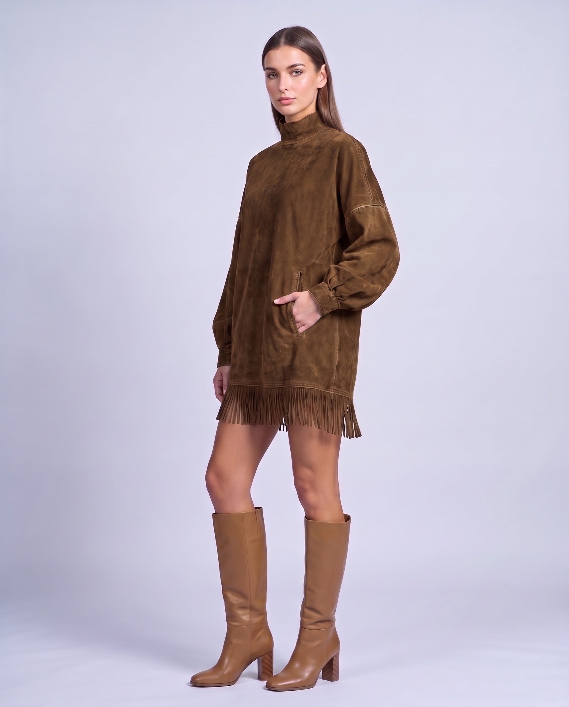 Fringe Dress Long Sleeve Mini Dress with High Neck and Tassel Hem Oversized Fit - Coffee Brown
