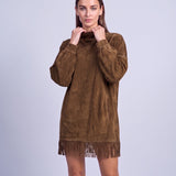 Fringe Dress Long Sleeve Mini Dress with High Neck and Tassel Hem Oversized Fit - Coffee Brown
