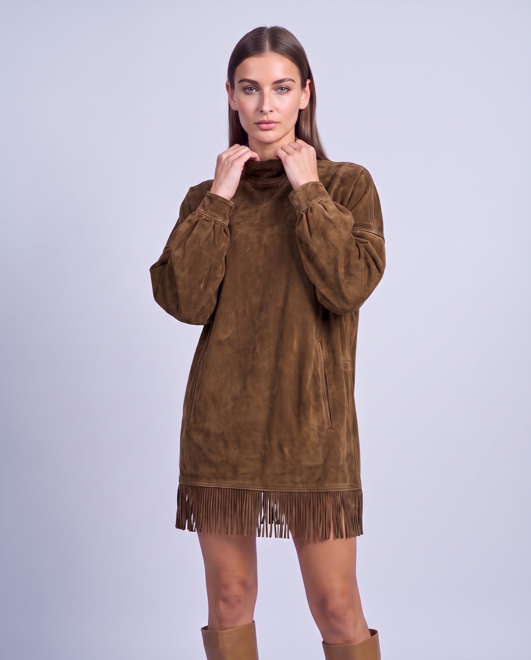 Fringe Dress Long Sleeve Mini Dress with High Neck and Tassel Hem Oversized Fit - Coffee Brown