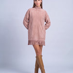 Fringe Dress Long Sleeve Mini Dress with High Neck and Tassel Hem Oversized Fit - Pink