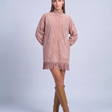 Fringe Dress Long Sleeve Mini Dress with High Neck and Tassel Hem Oversized Fit - Pink