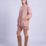 Fringe Dress Long Sleeve Mini Dress with High Neck and Tassel Hem Oversized Fit - Pink