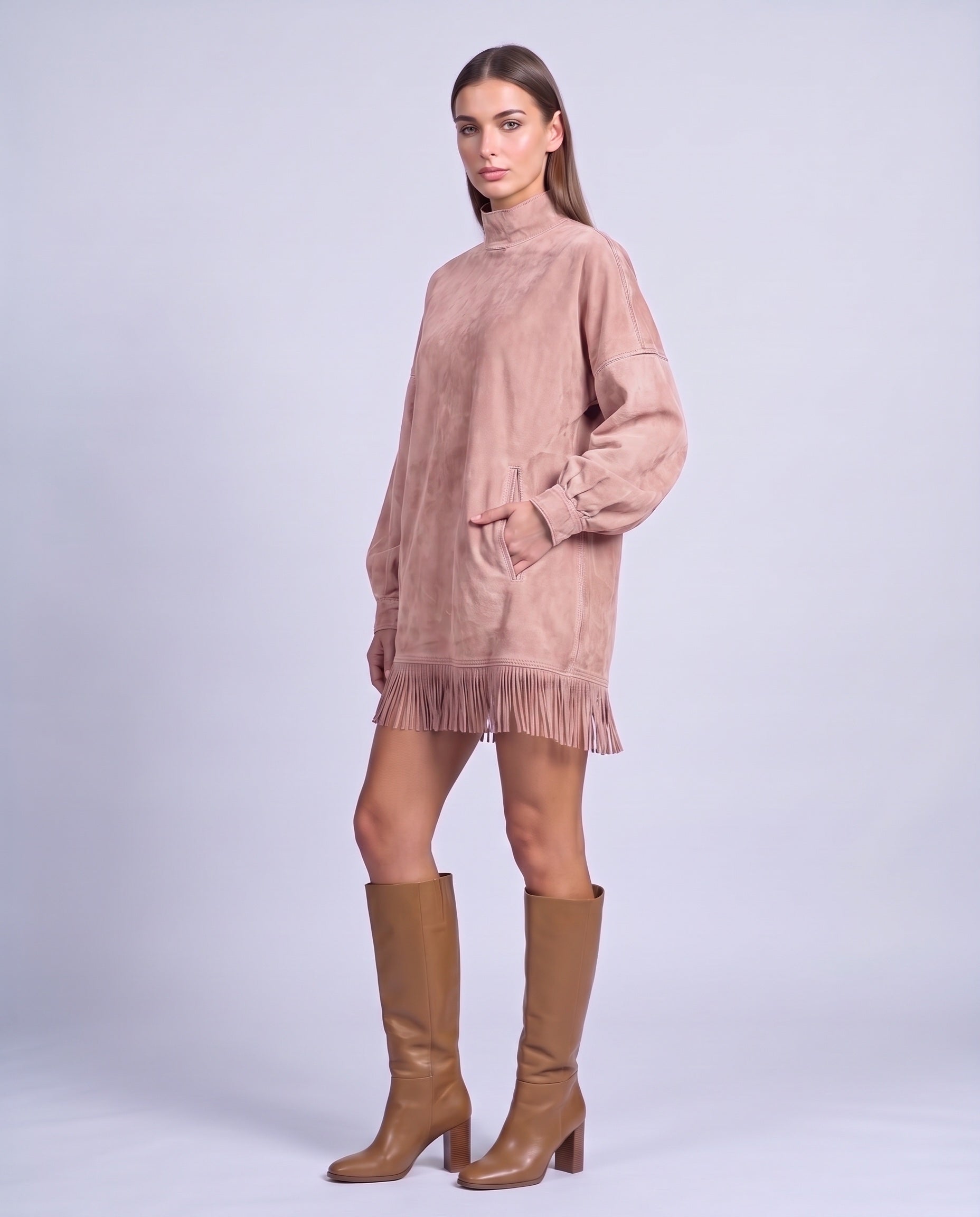 Fringe Dress Long Sleeve Mini Dress with High Neck and Tassel Hem Oversized Fit - Pink