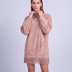 Fringe Dress Long Sleeve Mini Dress with High Neck and Tassel Hem Oversized Fit - Pink
