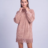 Fringe Dress Long Sleeve Mini Dress with High Neck and Tassel Hem Oversized Fit - Pink