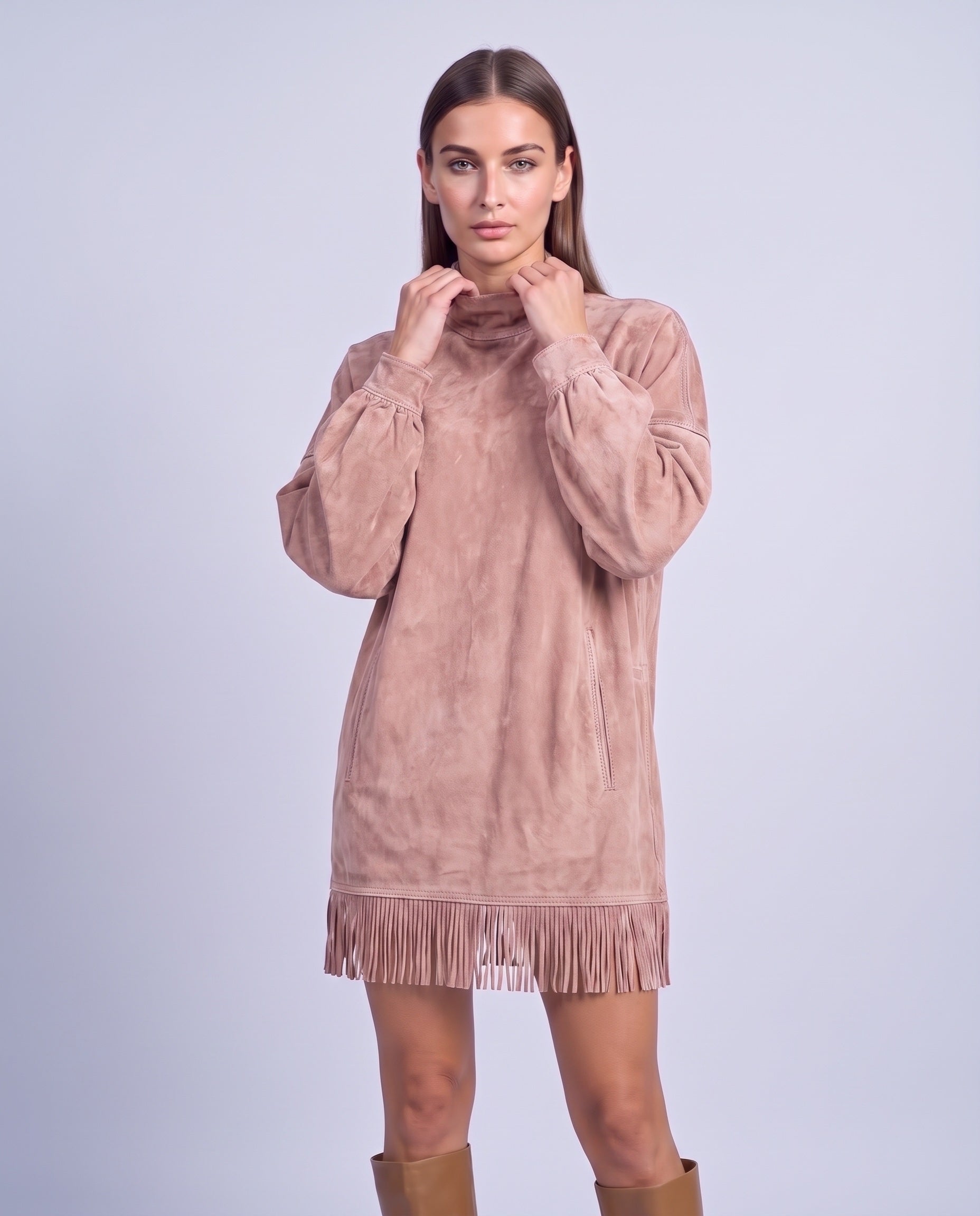 Fringe Dress Long Sleeve Mini Dress with High Neck and Tassel Hem Oversized Fit - Pink