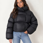 Black Puffer Jacket Cropped High Neck Hooded