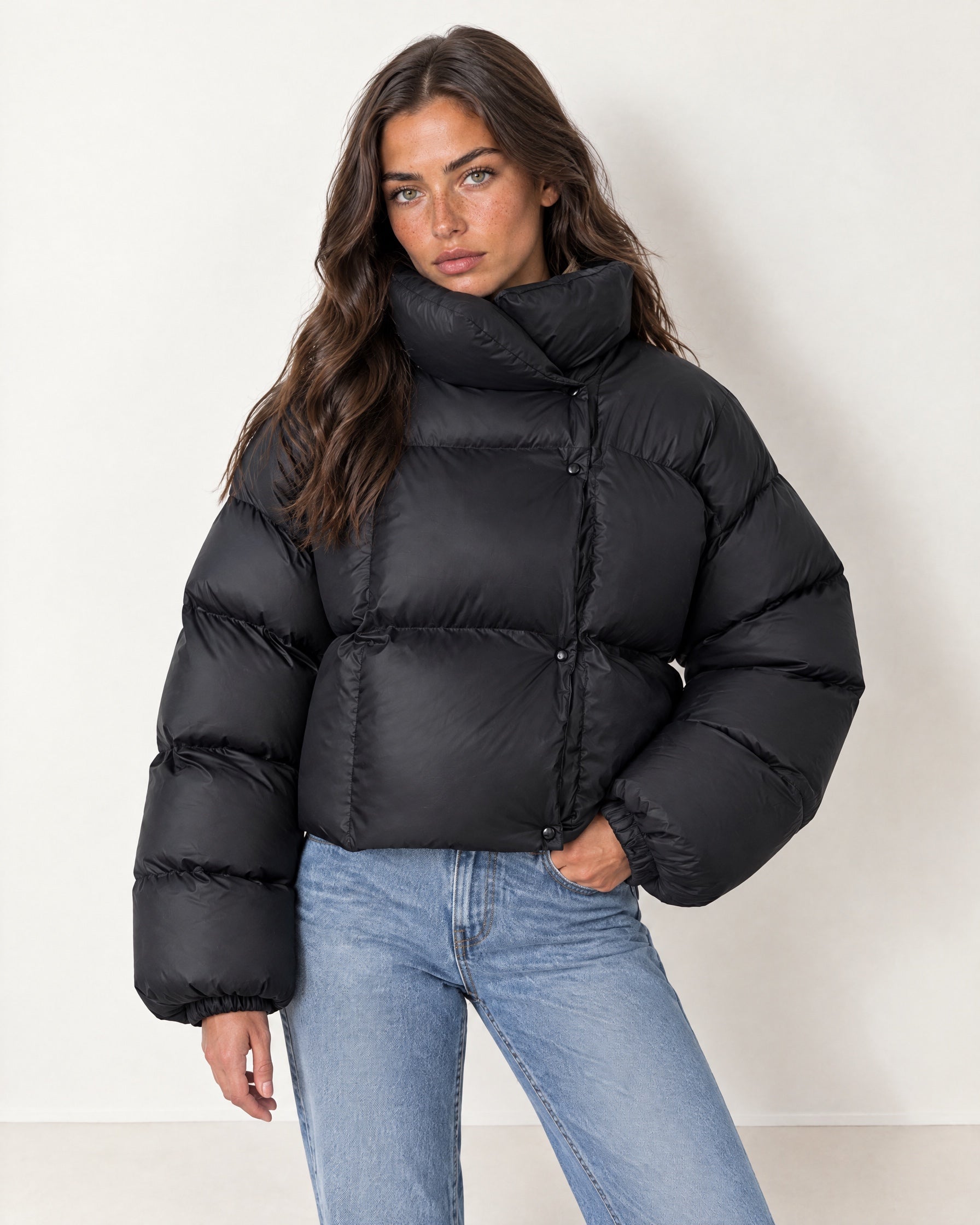 Black Puffer Jacket Cropped High Neck Hooded