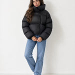 Black Puffer Jacket Cropped High Neck Hooded