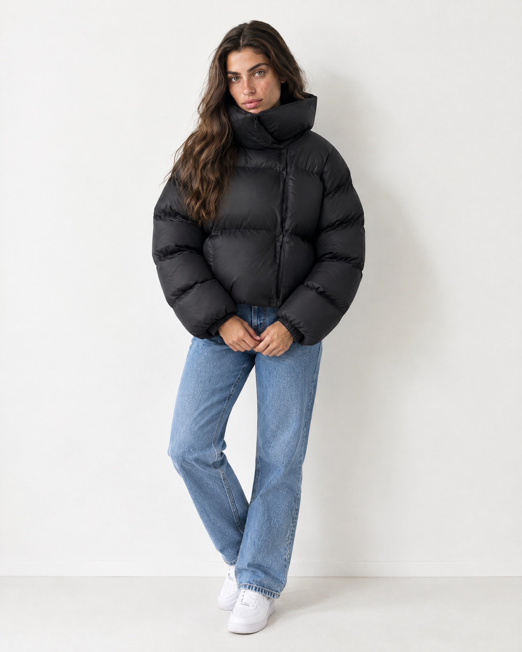 Black Puffer Jacket Cropped High Neck Hooded