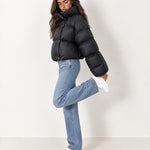 Black Puffer Jacket Cropped High Neck Hooded