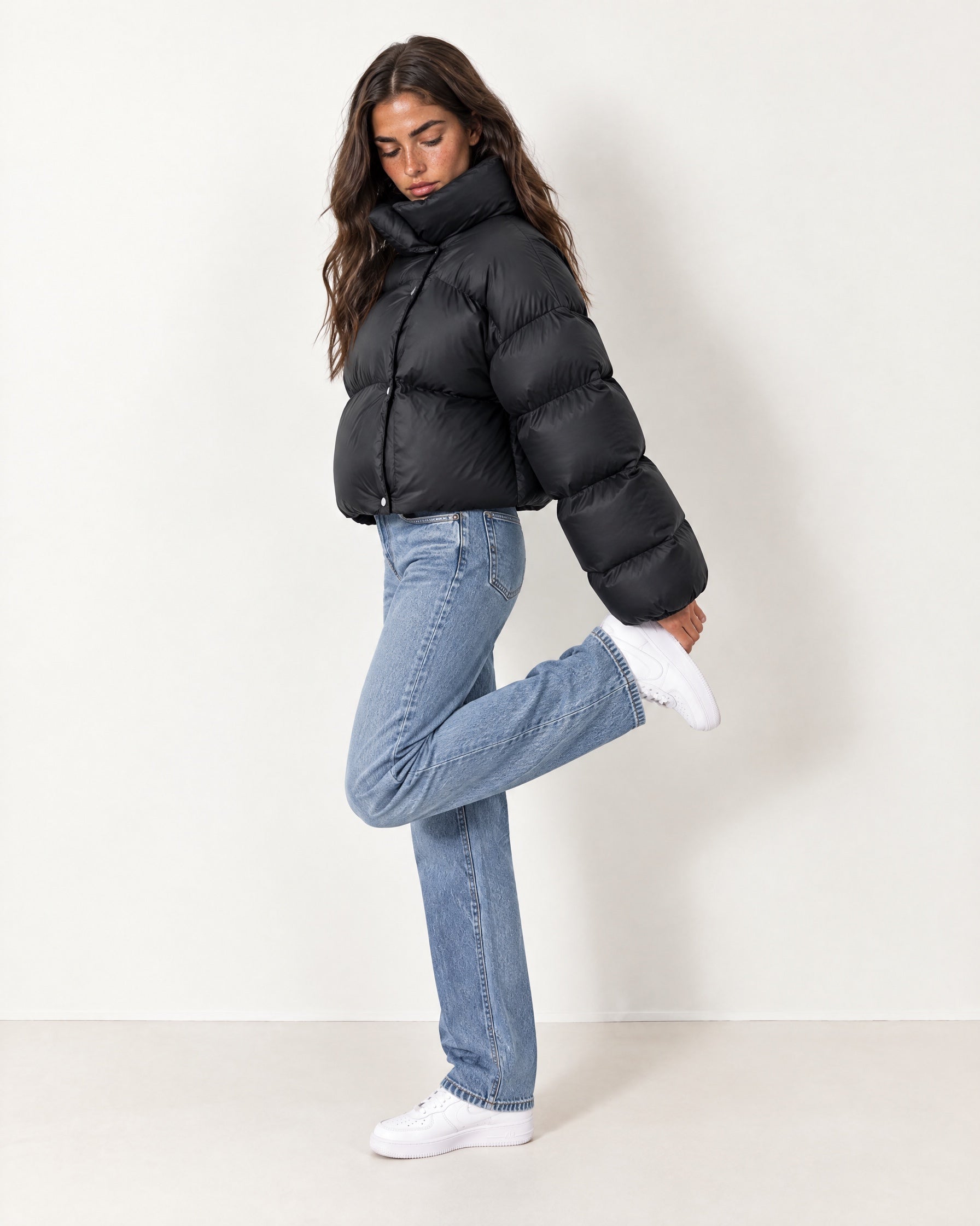 Black Puffer Jacket Cropped High Neck Hooded