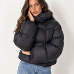 Black Puffer Jacket Cropped High Neck Hooded