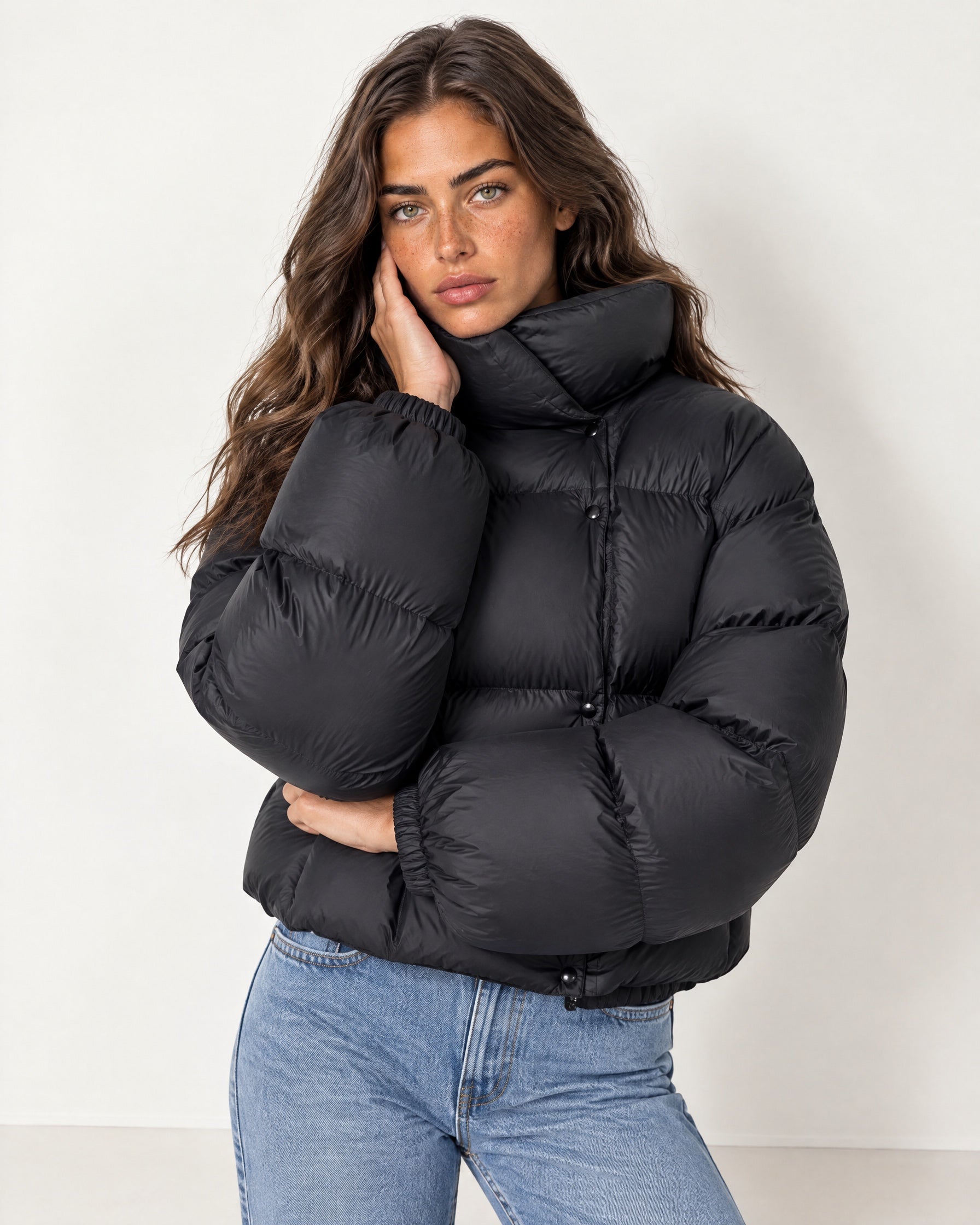 Black Puffer Jacket Cropped High Neck Hooded